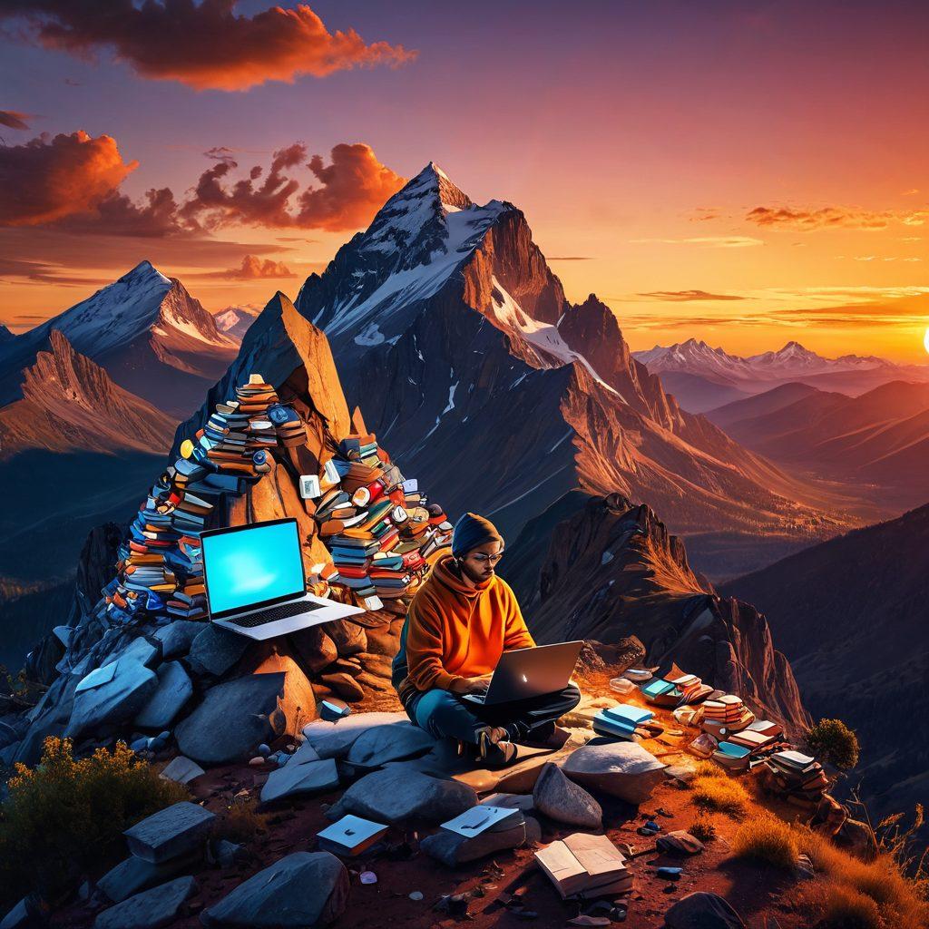 An imaginative landscape featuring a person sitting cross-legged on a mountain peak, with a laptop open, surrounded by floating icons of storytelling elements like books, pens, and lightbulbs. In the background, a vibrant sunset casts warm hues over the horizon, symbolizing creativity and exploration. The scene encapsulates the essence of blogging and research as an adventurous journey. super-realistic. vibrant colors. 3D.