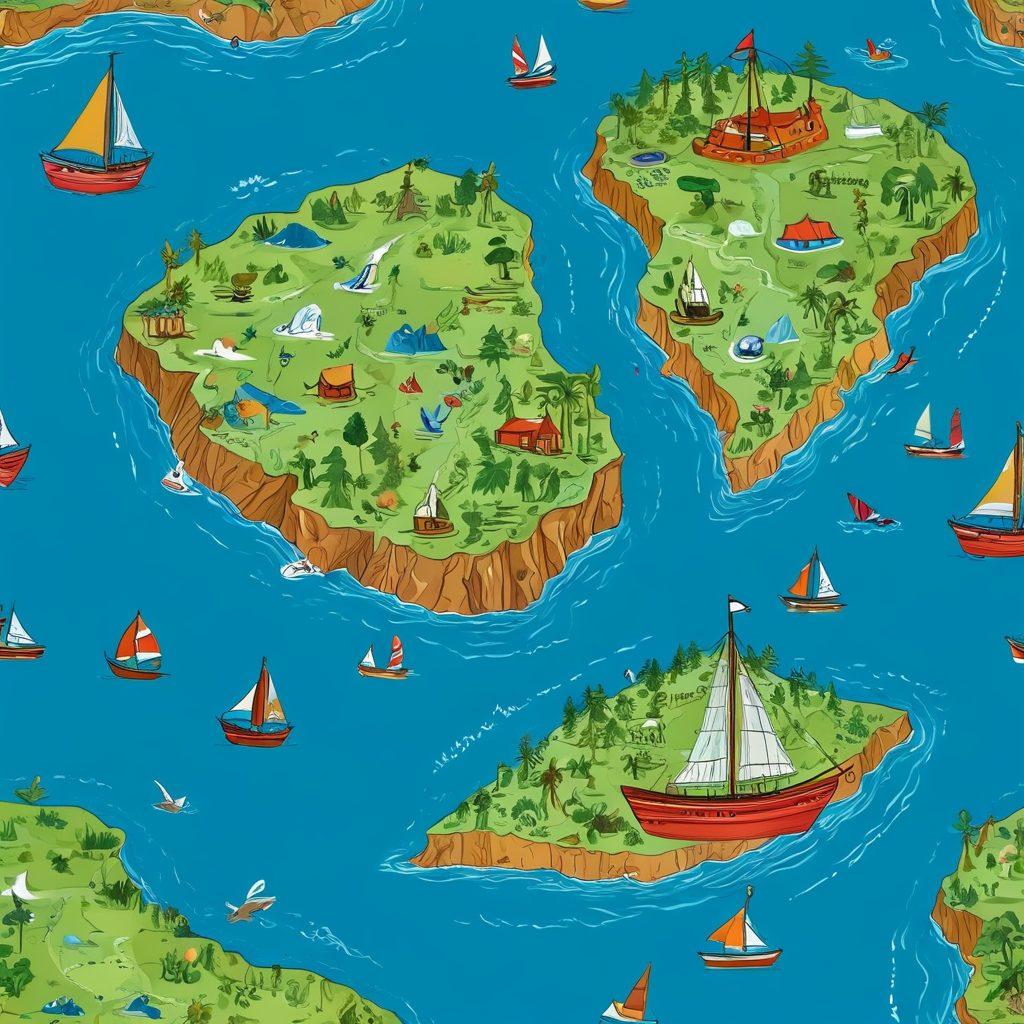 A whimsical map depicting various online journals like islands in a vast sea of content, with playful characters (writers, readers) sailing in boats, exploring vibrant articles. Include elements like a compass to symbolize navigation, and a treasure chest for engaging posts. The design should evoke curiosity and adventure. vibrant colors. illustration.
