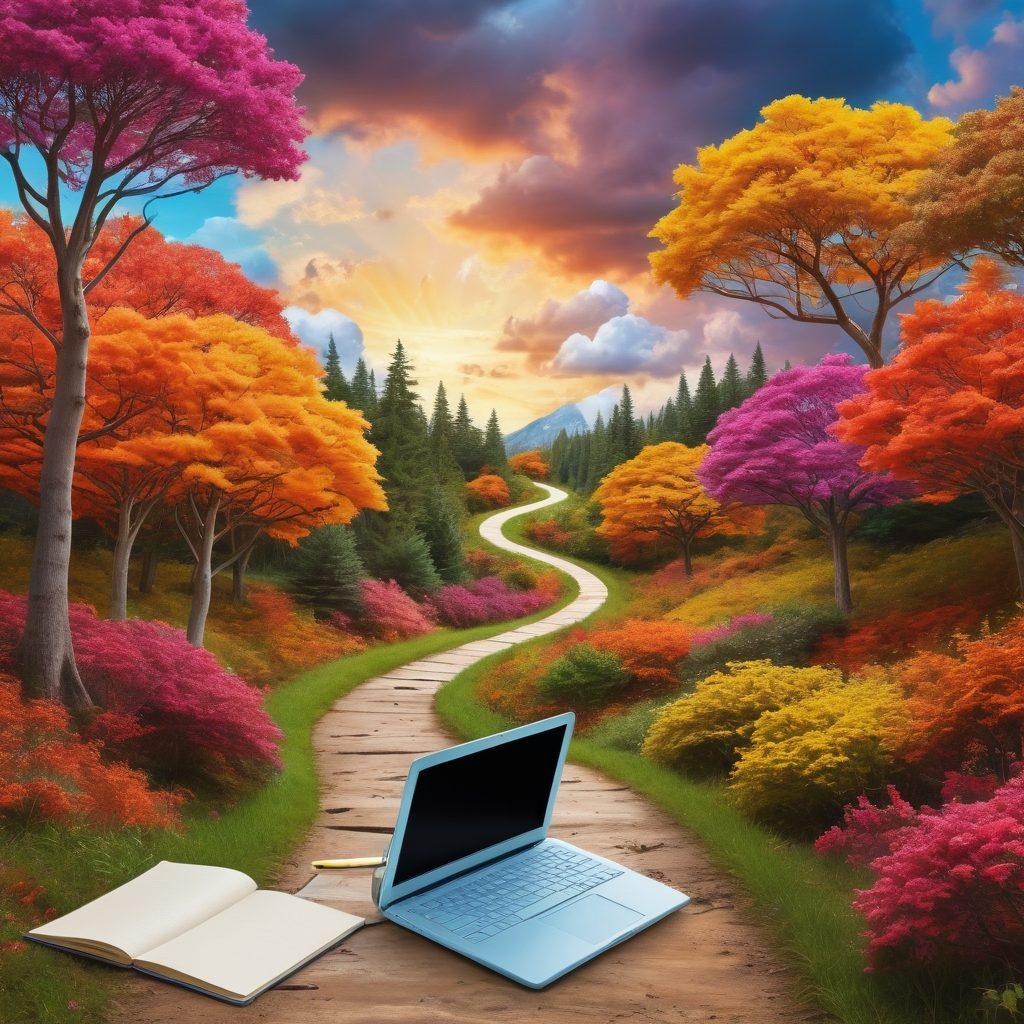 A whimsical landscape depicting a winding path through a vibrant forest of blogging tools and online journals, with colorful trees shaped like notebooks and pens. At the end of the path, a glowing laptop symbolizes the destination of mastery. Cloudy skies overhead form thought bubbles filled with inspiring ideas. The scene radiates a sense of adventure and creativity. vibrant colors. digital art.